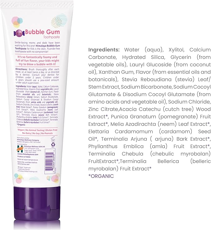 Himalaya Botanique Kids Toothpaste, Herbal, Bubble Gum Flavor, Fluoride-Free, Gentle, No Artificial Flavors or Colors, SLS Free, Gluten Free, Cruelty Free, Vegan, Foaming, 4 Oz, 4 Pack