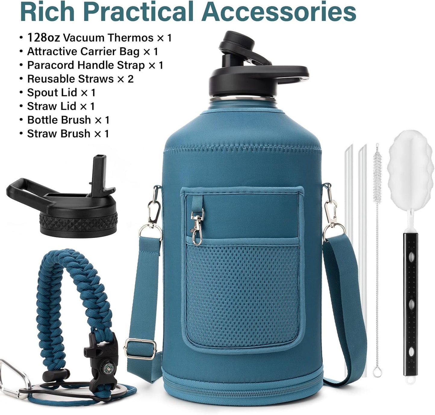 1 Gallon Water Bottle Insulated | Thickened Stainless Steel Vacuum Metal Water Jug | Portable Sports Large for Gym and Hiking with Straw, Carrier Bag, Handle Strap | BPA-Free 128 oz