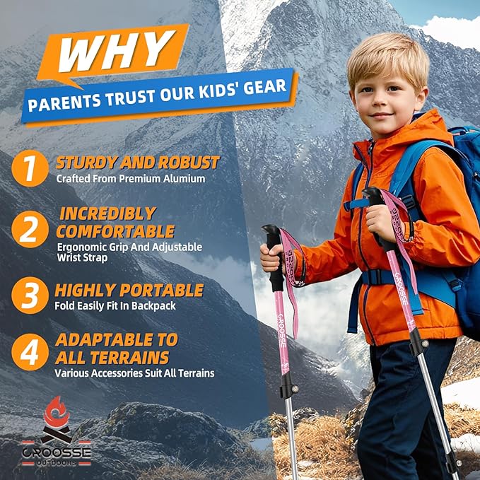 Lightweight Collapsible Kids Hiking Poles - Retractable Kids Hiking Stick, Telescoping Aluminum Trekking Poles 2 Pack, Adjustable Kids Ski Poles by Croosse