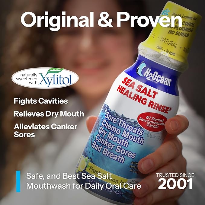 H2Ocean Healing Rinse Natural Sea Salt Oral Care - Mouth Rinse for Oral Care - Great for Piercings, Sore Throats & Gum Health - Alcohol- & Fluoride-Free Mouthwash - Lemon Ice, 8 oz (Pack of 2)