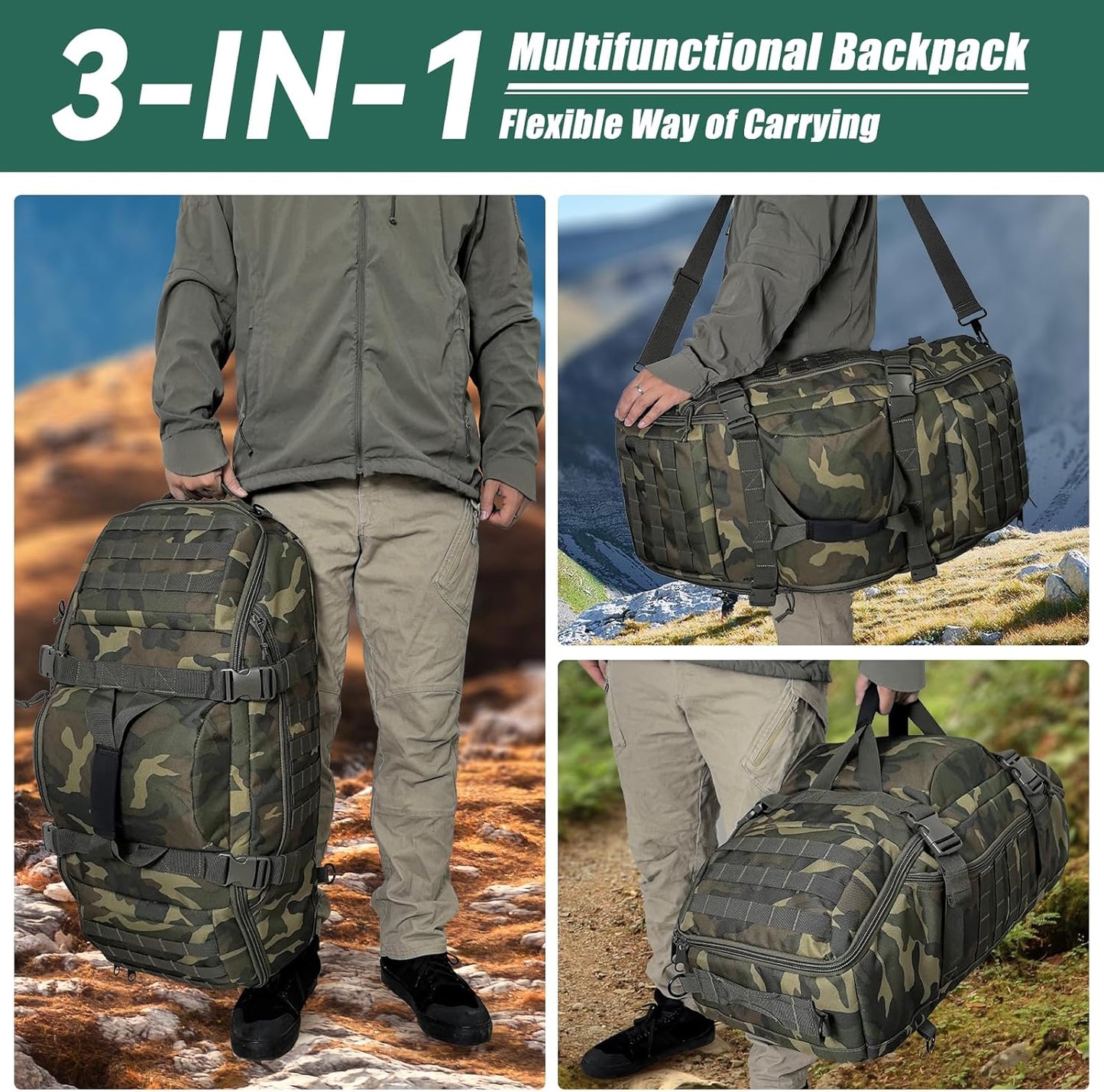 55L Large Duffle Bag, 3-in-1 Tactical Backpack MOLLE Pack for Sports, Gym, Outdoor, US Woodland