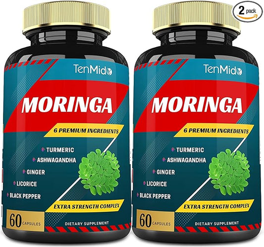 2 Packs Moringa Capsules, 4 Months Supply with Turmeric, Ashwagandha, Ginger, Licorice, Black Pepper | Immune Support, Energy Booster | Oleifera Leaf Herb Supplements