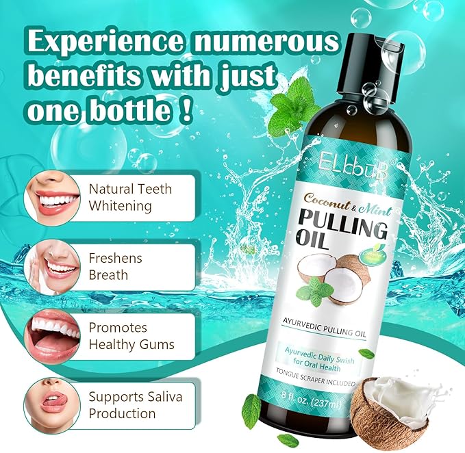 Coconut Pulling Oil - Ayurvedic Mint Oil Pulling Mouthwash with Tongue Scraper | Natural Essential Oils for Fresh Breath, Teeth Whitening & Healthy Gums | Alcohol-Free 8 Fl. Oz 2Pack