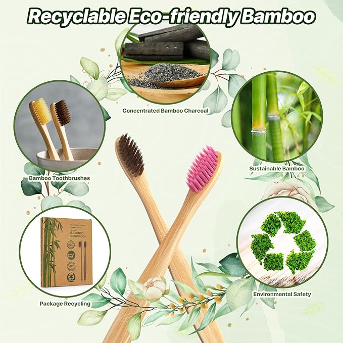 10 Pack Beige Bamboo Toothbrushes | Biodegradable & Compostable Eco-Friendly Natural Bamboo Charcoal Toothbrushes | BPA Free Soft Bristles Wooden Toothbrush - 100% Recycled Packaging