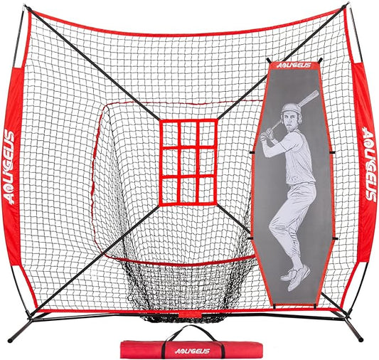 7'X7' Baseball Softball Practice Net,Pitching Net,Batting Net,with Baseball Tee,Bonus Strike Zone and Bow Frame,for Hitting,Pitching, Catching