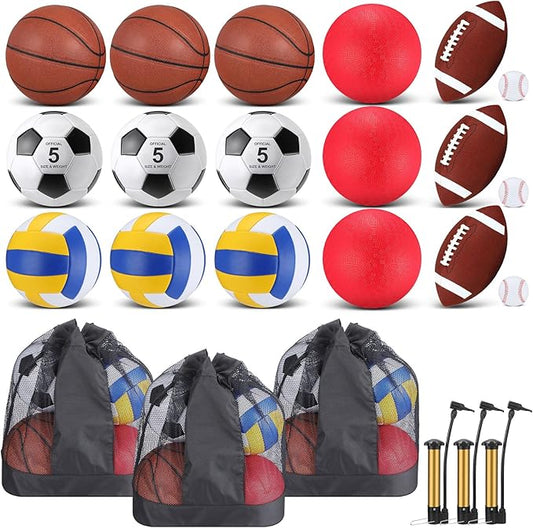 Leyndo 18 Pcs Sport Balls Bulk Set Basketball Football Volleyball Soccer Playground Baseball with Sport Equipment Bag Pump for Youth Adults Outdoor Indoor Practice Gift Back to School