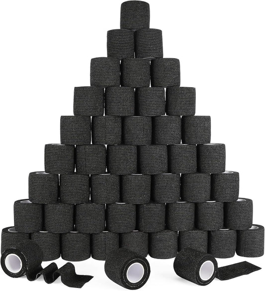 48 Pack Self Adhesive Bandage Wrap, 2” x 5 Yards Cohesive Medical Tape Elastic Grip Tape Black Sports Tape Athletic for Ankle, Wrist Sprains, Pet First Aid (Black)