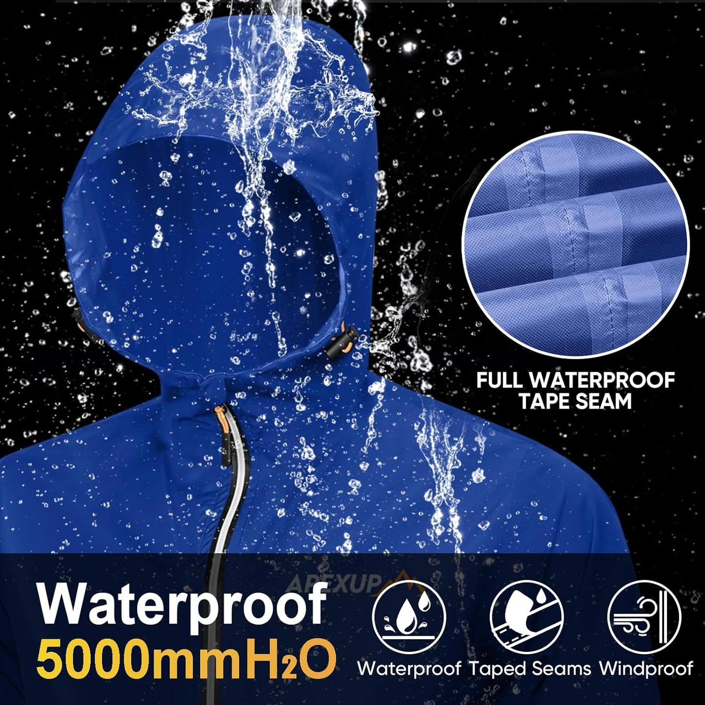 APEXUP Packable Rain Jacket Men with Reflective Zipper, Lightweight Waterproof Raincoat, Mens Rain Jacket for Outdoor Sports