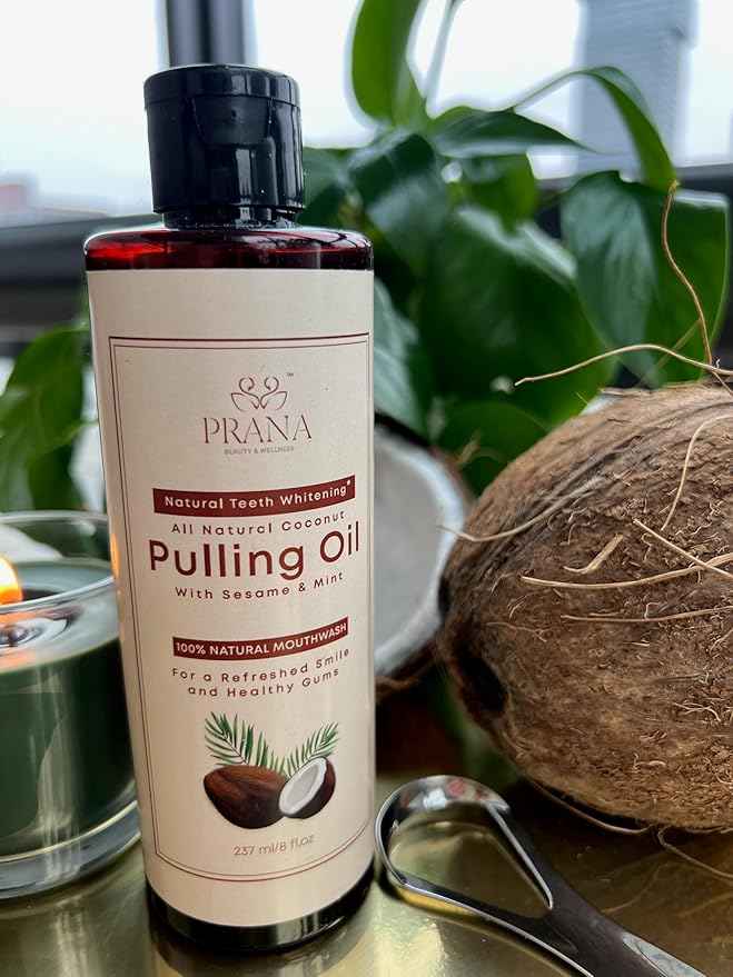 PRANA Coconut Pulling Oil Mouthwash with Tongue Scraper- Ayurvedic Oils for Clean Rinse with Coconut Oil & Clove & improving Teeth & Gum Health - Teeth Pulling Oil Keeps Your Mouth Refreshed- (4 Pack)