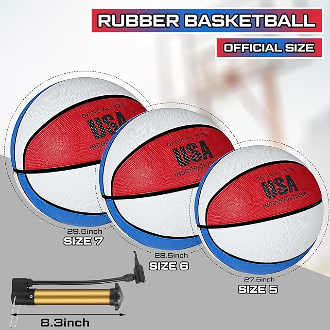 Junkin 6 Pcs Rubber Basketballs Bulk with Pump Official Indoor Outdoor Basketball Balls Weighted Training Basketball for Game Practice Kids Youth Teens Adults Back to School