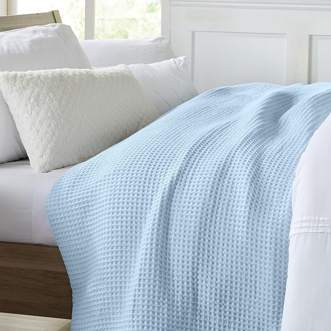 100% Cotton Waffle Weave Queen Bed Blanket | Soft, Breathable, and Lightweight Blanket for All-Seasons | Perfect for Layering | Brielle Collection (Full/Queen, Sky Blue)