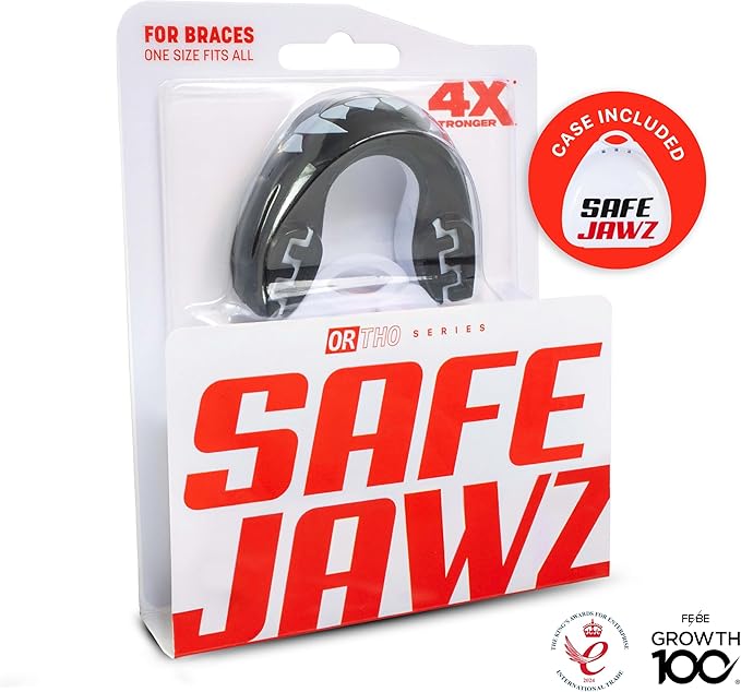 SAFEJAWZ Mouthguard for Braces, Upper & Lower Protection Remoldable Mouth Guard with Case for Boxing, Basketball, Football, MMA, Lacrosse, Hockey and All Contact Sports One Size (Fangz)