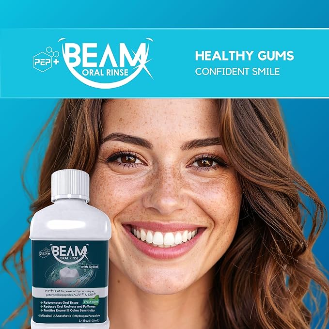 PEP+ BEAM Alcohol-Free Fluoride-Free Mouthwash with Peptides and Xylitol, Oral Rinse for Enamel Strength, Gum Support, Fresh Breath, Microbiome Balance, Dentist Inspired, Travel Size 3.4oz (2 Pack)
