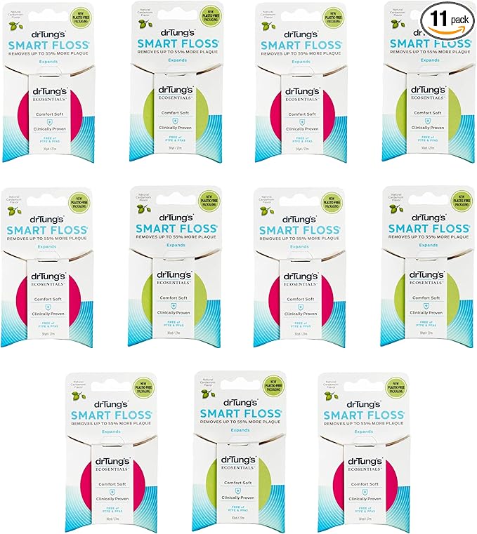 DrTung's Smart Floss - Natural Floss, PTFE & PFAS Free Floss, Gentle on Gums, Expands & Stretches, BPA Free - Natural Dental Floss Cardamom Flavor (Pack of 11)