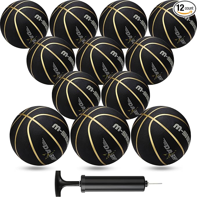 Jerify 12 Pieces Basketballs Bulk Official Size 7 Rubber Basketballs 29.5 Rubber Inflatable Basketballs with Pump Indoor Outdoor Basketballs Bulk Standard Basketball for Training and Play