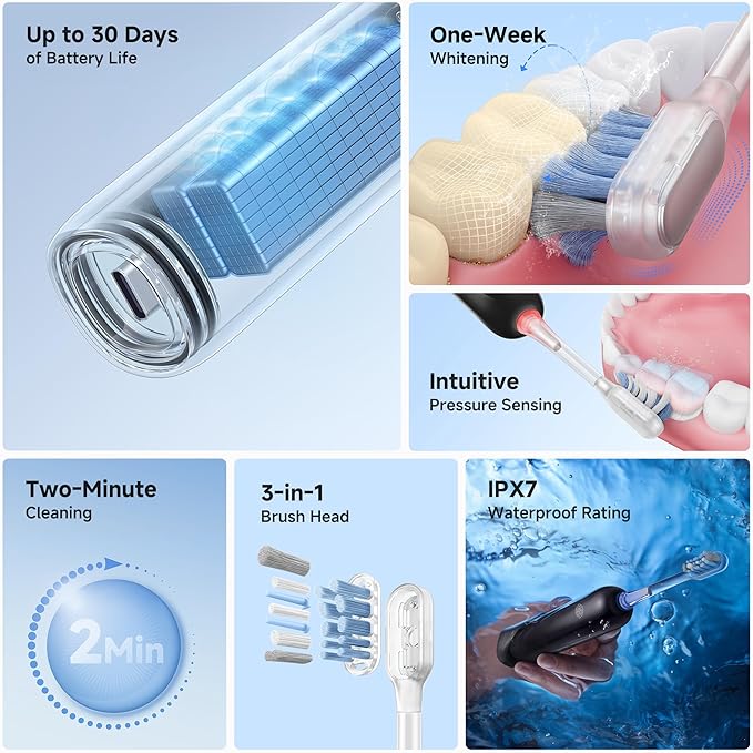 Mova Fresh SweepDrive Electric Toothbrush, Rechargeable Electric Power Toothbrush for Adults, Intuitive Pressure Sensing, 3-in-1 Replacement Brush Head with Holder, 30 Days of Battery Life, Black