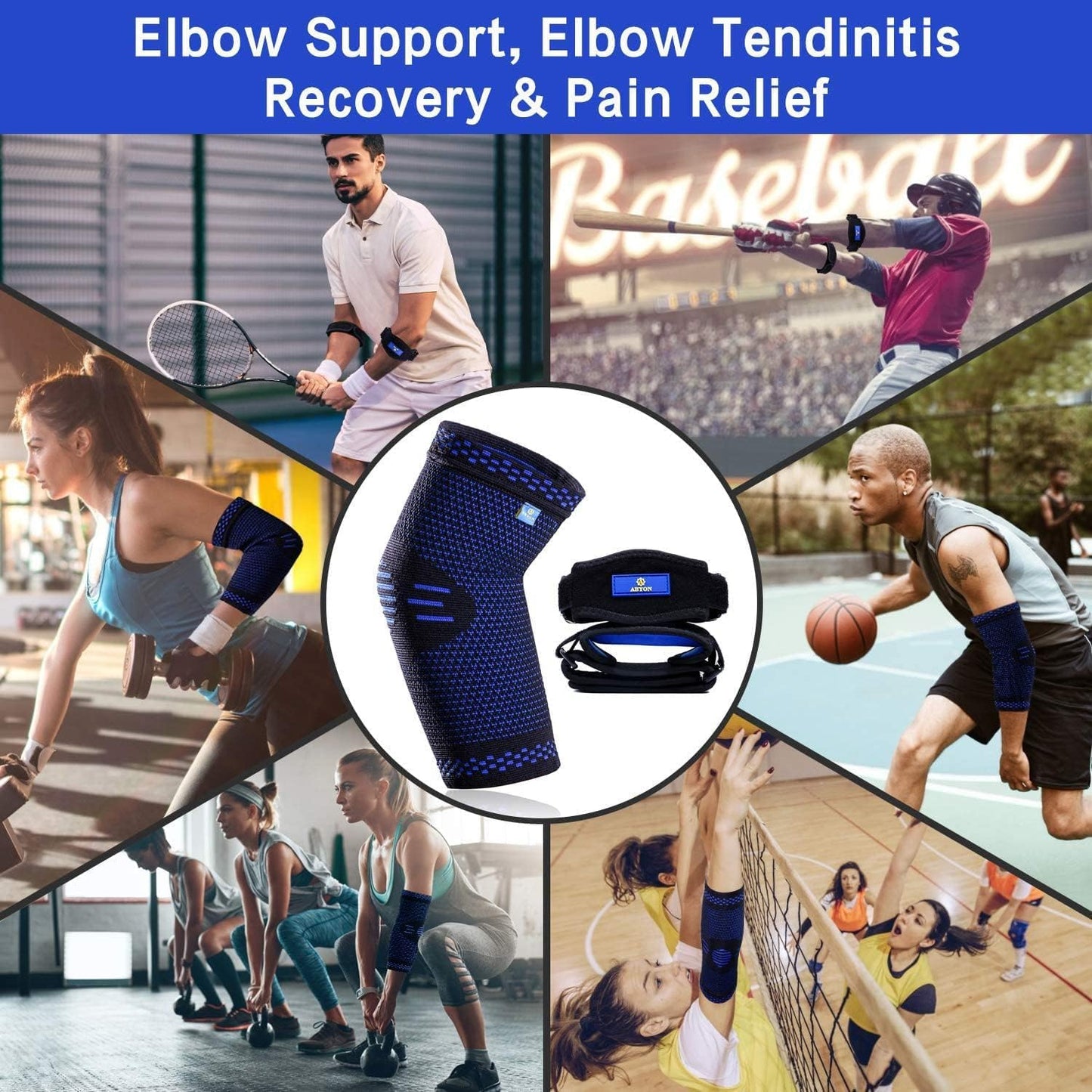 ABYON Compression Elbow Support, 1 Piece Compression Sleeve + 2 Pcs Tennis Elbow Pads for Men Women Pain Relieves Tendonitis, Arthritis, Tennis Elbow, Epicondylitis