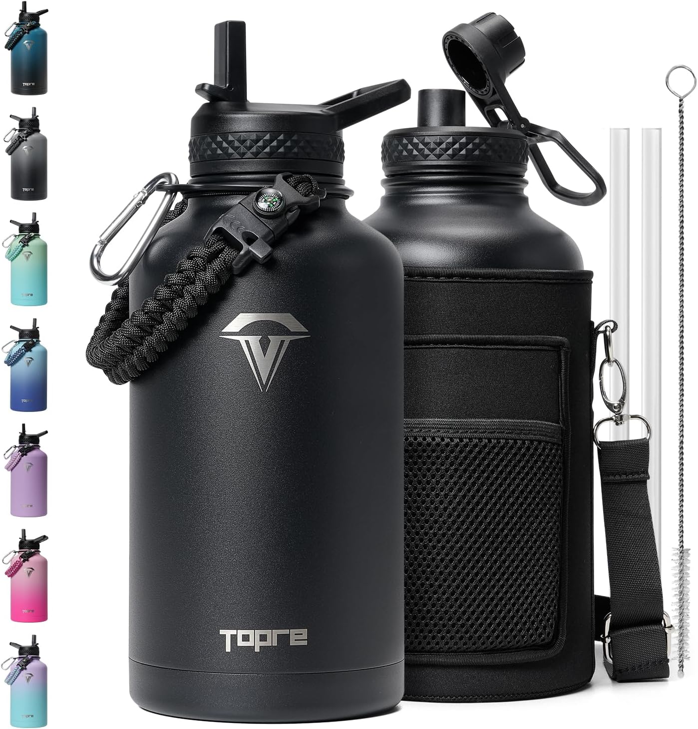64oz Insulated Water Bottle,Half Gallon Water Flask Stainless Steel Vacuum, Cold for 48 Hrs,BPA-Free & Leakproof -with Paracord Handle,Strap,Straw Spout Lids,Large Jug for Gym Sports,Black