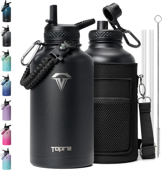 64oz Insulated Water Bottle,Half Gallon Water Flask Stainless Steel Vacuum, Cold for 48 Hrs,BPA-Free & Leakproof -with Paracord Handle,Strap,Straw Spout Lids,Large Jug for Gym Sports,Black