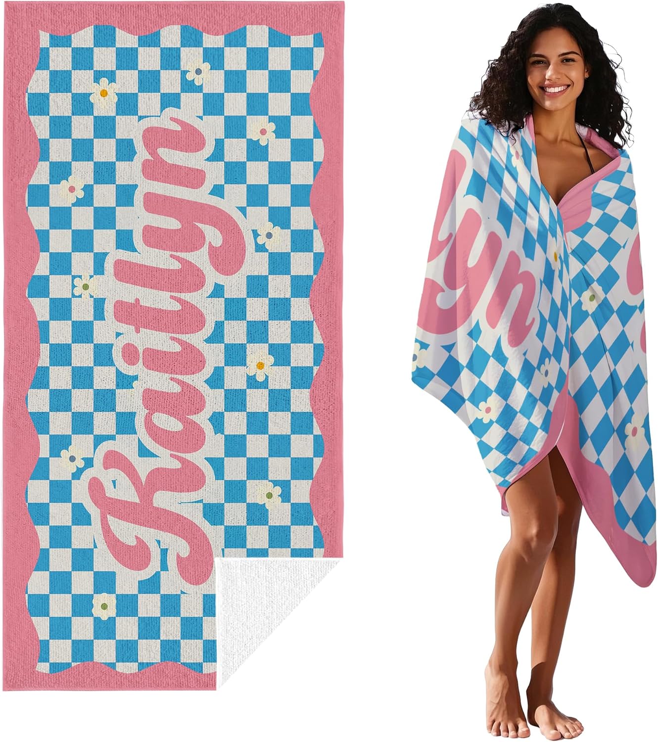JML Personalized Beach Towel with Name, Custom Flower Beach Towel, Customized Microfiber Pool Towel, Quick Dry & Absorbent Swim Towel for Adult,Mother's Day, Birthday, Summer Holiday,Vacation