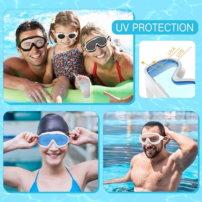 Kanayu 6 Pieces Swimming Goggles Wide View No Leaking Anti Fog Adult Swim Goggles with Earplugs Nose Clip for Adult Men Women