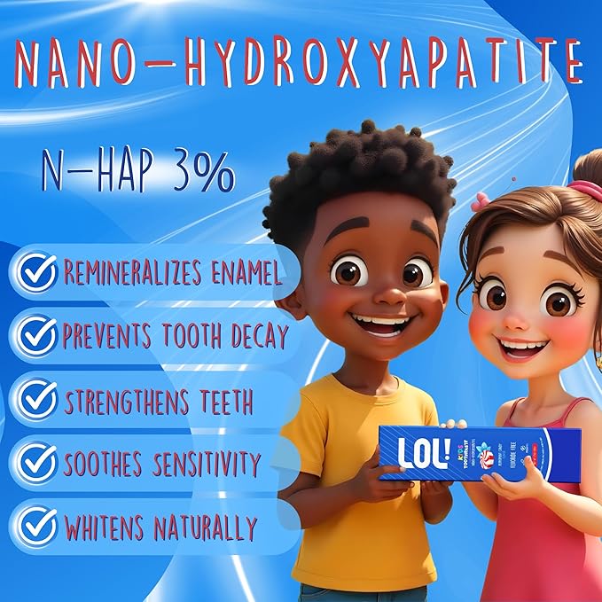 LOL Kids Toothpaste | Fluoride Free 2-Flavors Pack | Nano Hydroxyapatite Toothpaste, Probiotics, Vitamins A, C, E | Safe if Swallowed, No SLS | 1 Melon Flavor, 1 Peppermint