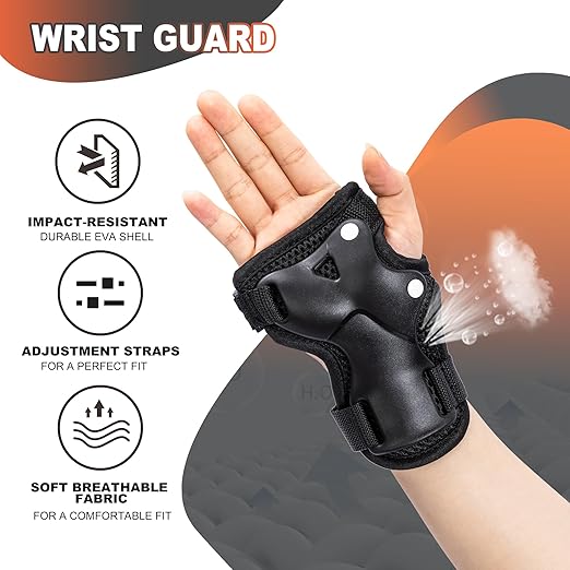 2PM SPORTS Knee Pads for Kids, Wrist Guards Knee and Elbow Pads Set with Drawstring Bag, Protective Gear Set for Girls Boys Roller Skating Cycling Skateboard - Black Medium