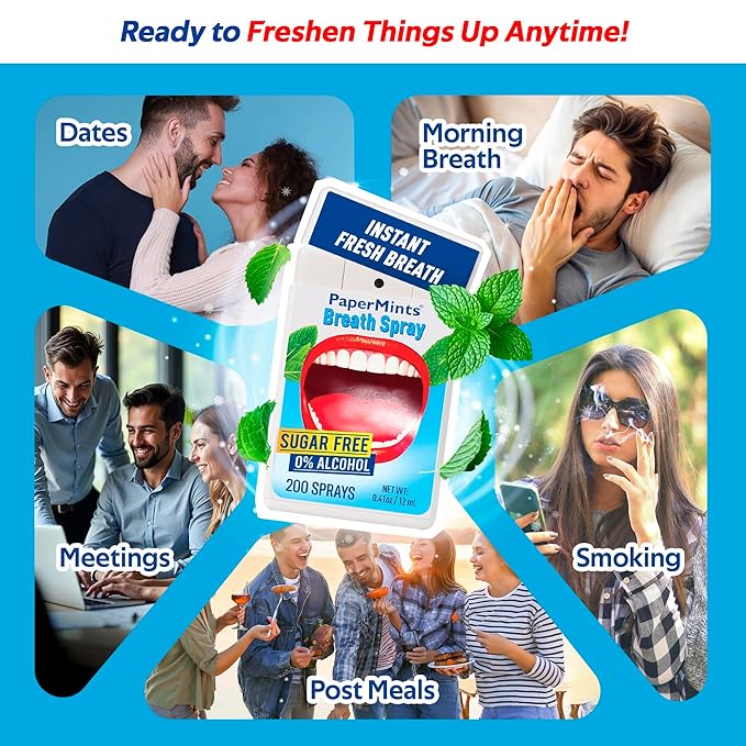 PaperMints Fresh Breath Spray – Ultra-Refreshing Mint Flavor, Sugar-Free Breath Freshener, Easy to Carry, Pocket-Sized Spray for Instant Freshness, 4 Pack x 12ml (Approx. 800 Sprays)
