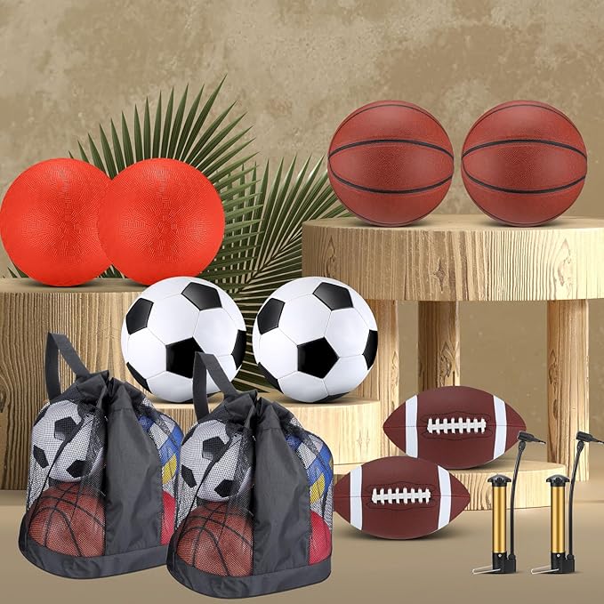 Liliful 8 Pcs Sport Balls Set with Pump Mesh Bag Gifts for Kid Teen Operation Christmas Basketball Soccer Football Playground Ball for Christian Charity Donation Student Team PE Class