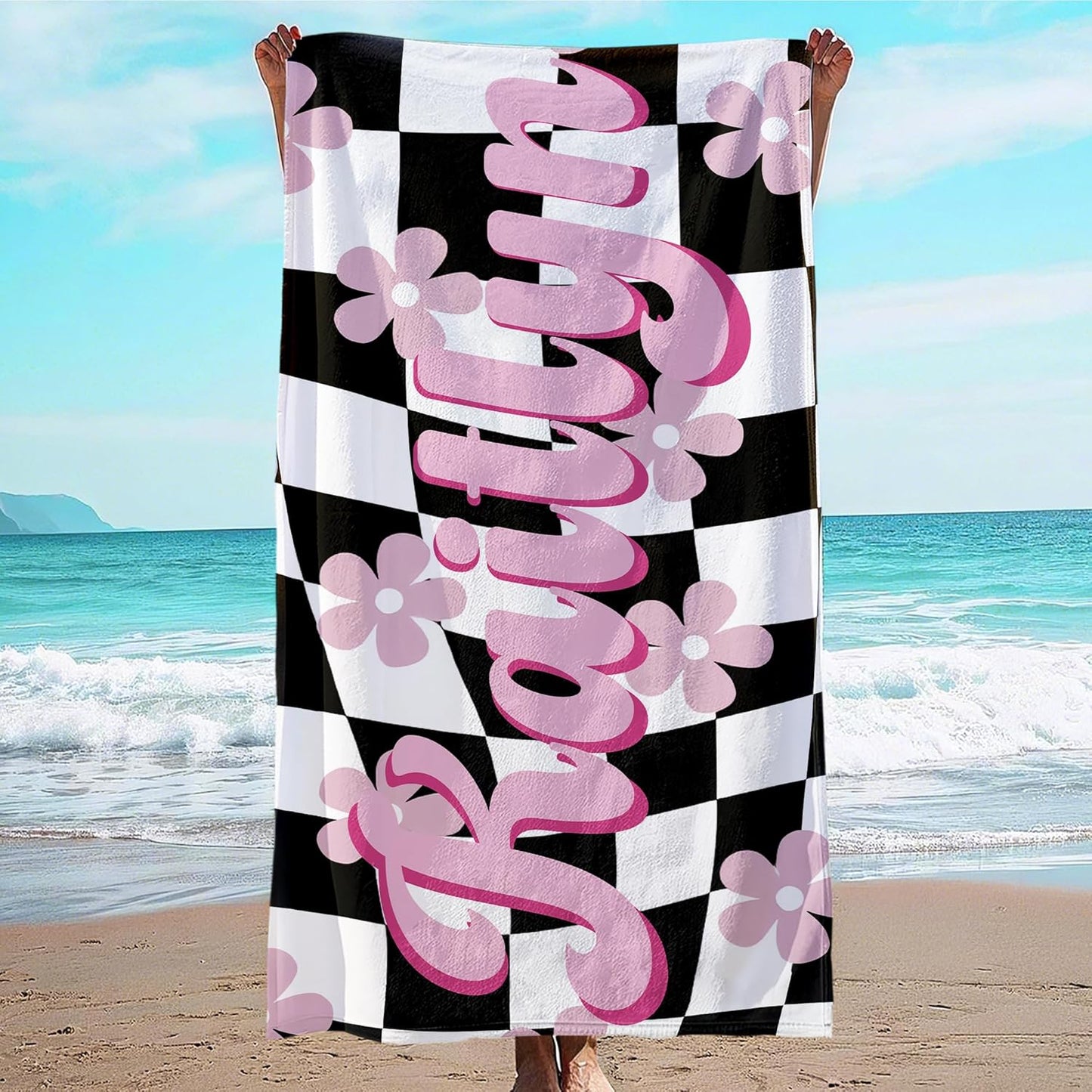 JML Personalized Beach Towel with Name, Custom Flower Beach Towel, Customized Microfiber Pool Towel, Quick Dry & Absorbent Swim Towel for Adult,Mother's Day, Birthday, Summer Holiday,Vacation