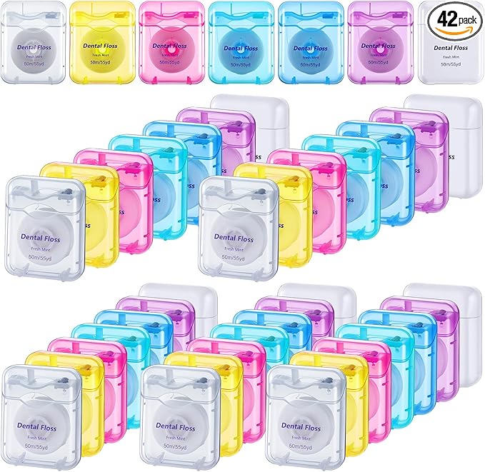42Pack Dental Floss Bulk 50m Each Mint Travel Dental Floss, Mint Waxed Mini Travel Size Tooth Flosses Picks Pack Individually Wrapped for Oral Care Teeth and Gum Protection, Multicolor