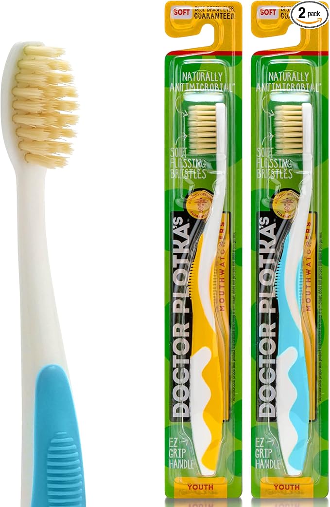 MOUTHWATCHERS Soft Childrens Flossing Manual Toothbrush, Set of 2, Yellow and Blue, Toothbrushes for Kids & Teens, Ultra Clean, by Dr. Plotka's