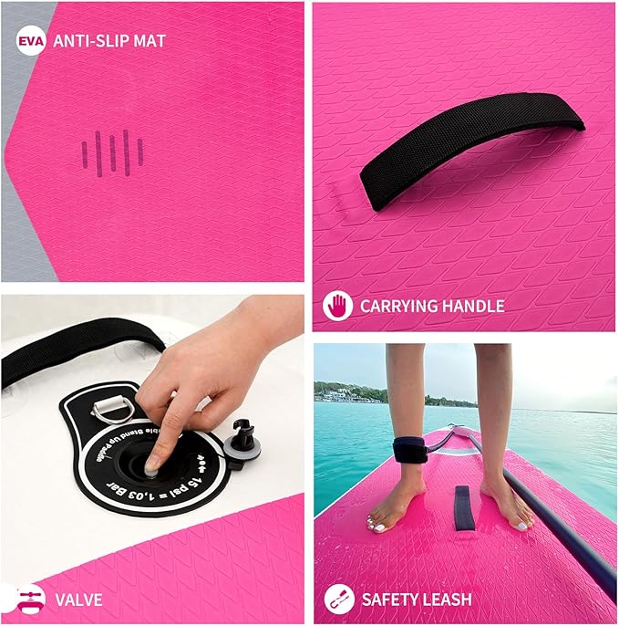Inflatable Stand Up Paddle Board with Sup Board Accessories, Durable, Lightweight,Wide Stable Design,Wide Non-Slip Deck, Non-Slip Comfort Deck Pink Paddle Board for Women & Girls