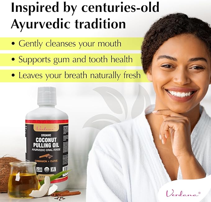Verdana Organic Oil Pulling Mouthwash – 32 oz Cinnamon & Clove – USDA Organic Coconut Oil Rinse for Teeth & Gums – Alcohol-Free, Fluoride-Free Natural Mouthwash for Fresh Breath & Gum Health