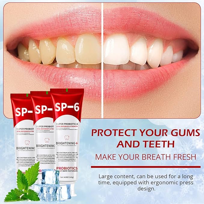 SP-6 Probiotics Whitening Toothpaste - Probiotics for Teeth Whitening and Gum Health - Enamel-Safe, Fluoride-Free, Double Mint Flavor,Fresh Breath (3PCS)