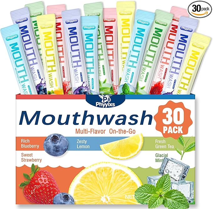 Mouthwash Travel Size – 30 Individually Wrapped Portable Packets, Alcohol-Free & Fluoride-Free, On-The-Go Oral Hygiene for Fresh Breath Anytime(5 Flavors)