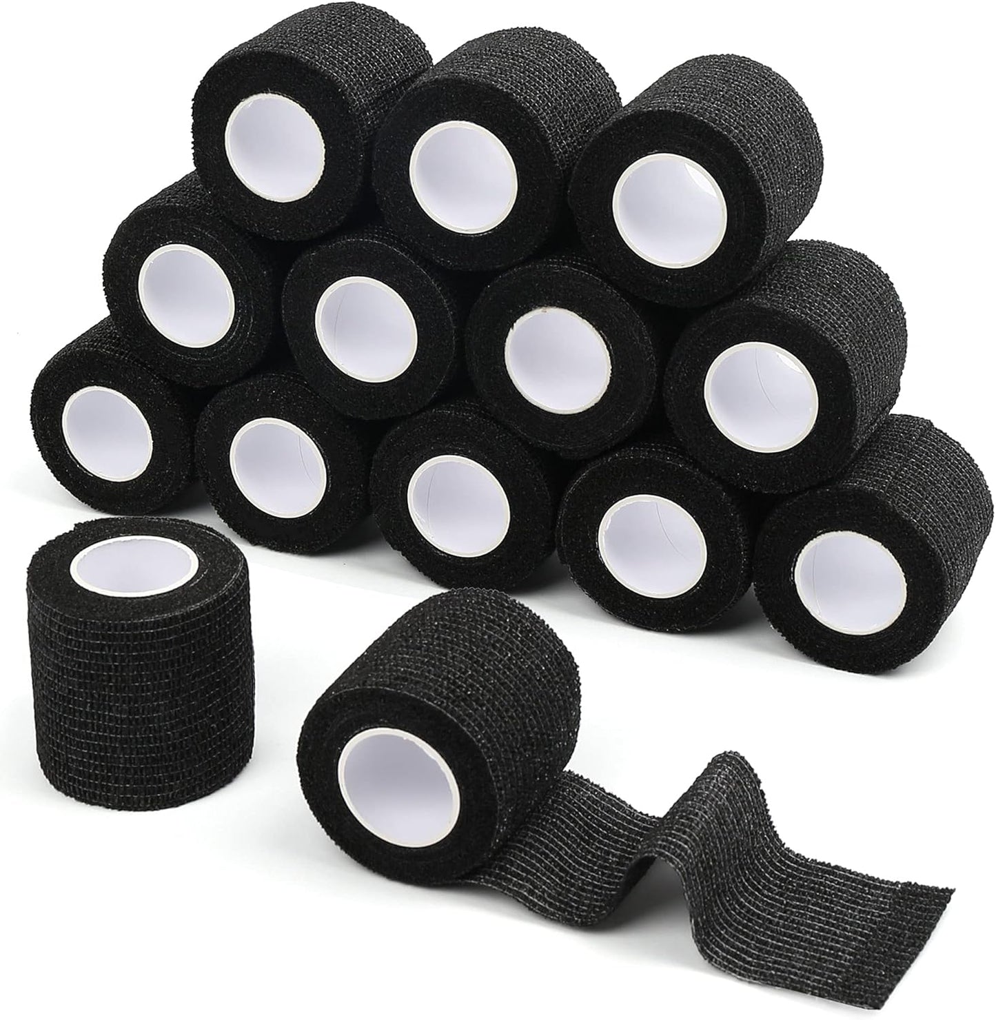 LotFancy Self Adhesive Bandage Wraps, 2 inch x 5 Yards Cohesive Bandages, 14 Pack Non Woven Black Athletic Tapes for Sports
