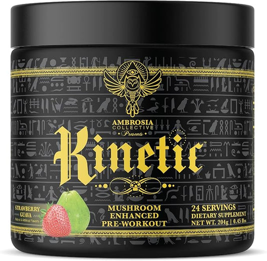 Ambrosia Kinetic Organic Preworkout, Mushroom Enhanced Natural Pre Workout Supplement, Nootropic Superfood Powder for Energy (Strawberry Guava)