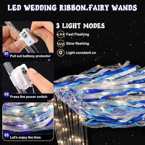 100 Pcs Wedding Wands Ribbon with 3 Colorful Flashing Modes, Light up LED Silk Fairy Wands, Glow Lace Stick with Bells for Wedding Reception, Graduation, New Year, Birthday Party (Blue)