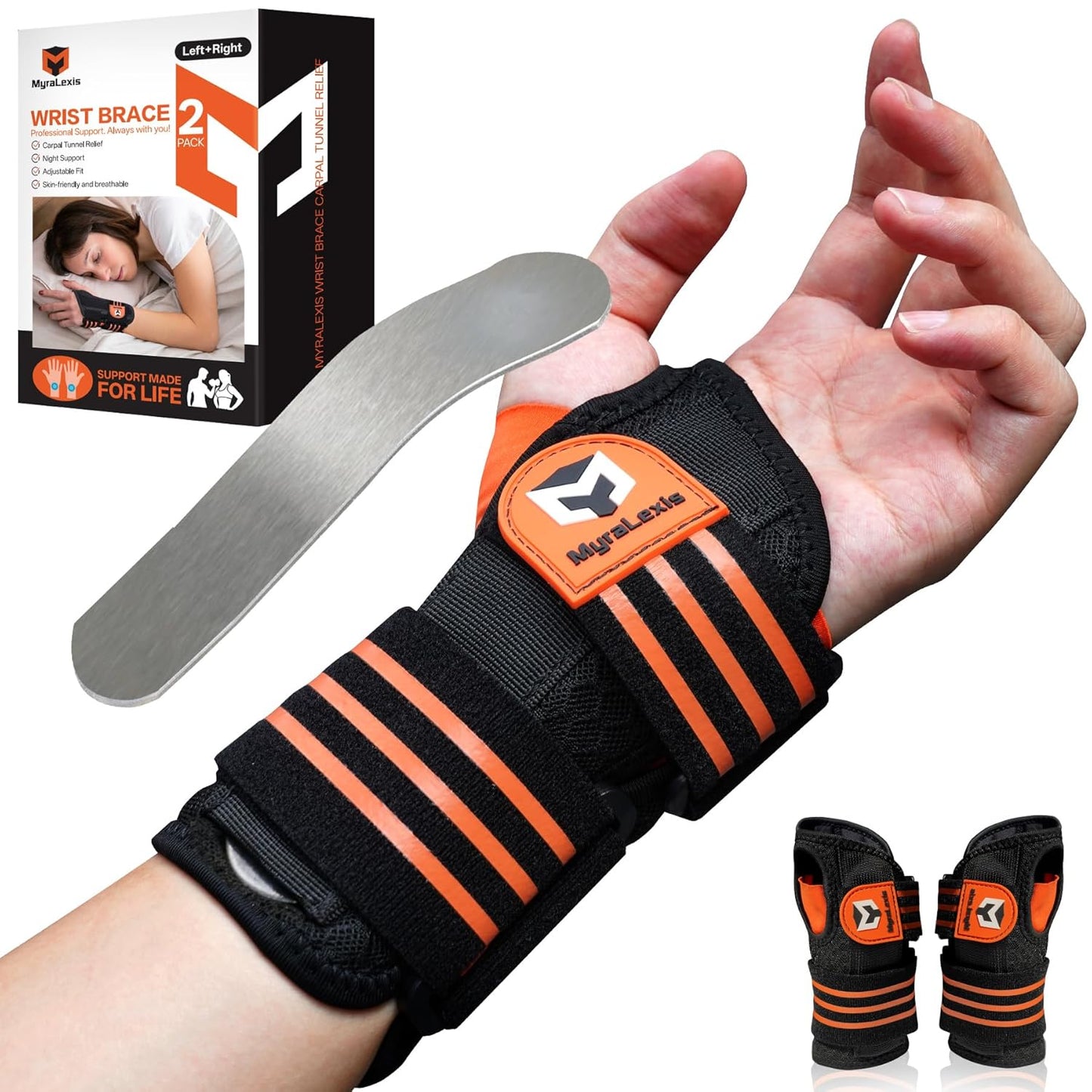 2 Pack Hand & Wrist Brace for Carpal Tunnel, Tendonitis, Arthritis Pain Relief, Night Support Wrist Splint with Adjustable Straps & Metal Stabilizer, Left & Right Hand for Men/Women, Size: S(5-6")