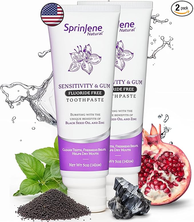 SprinJene Natural Fluoride Free Toothpaste for Sensitive Teeth & Gums – Patented Toothpaste with Black Seed Oil & Zinc – Vegan Dry Mouth Prevention for Fresh Breath – Made in The USA (2 Pack)