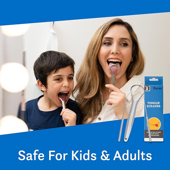 Ryvas Tongue Scraper for Adults (2-Pack) with Travel Case – Dual-Edge Oral Care Tool, Stainless Steel Design for Fresh Breath & Daily Hygiene