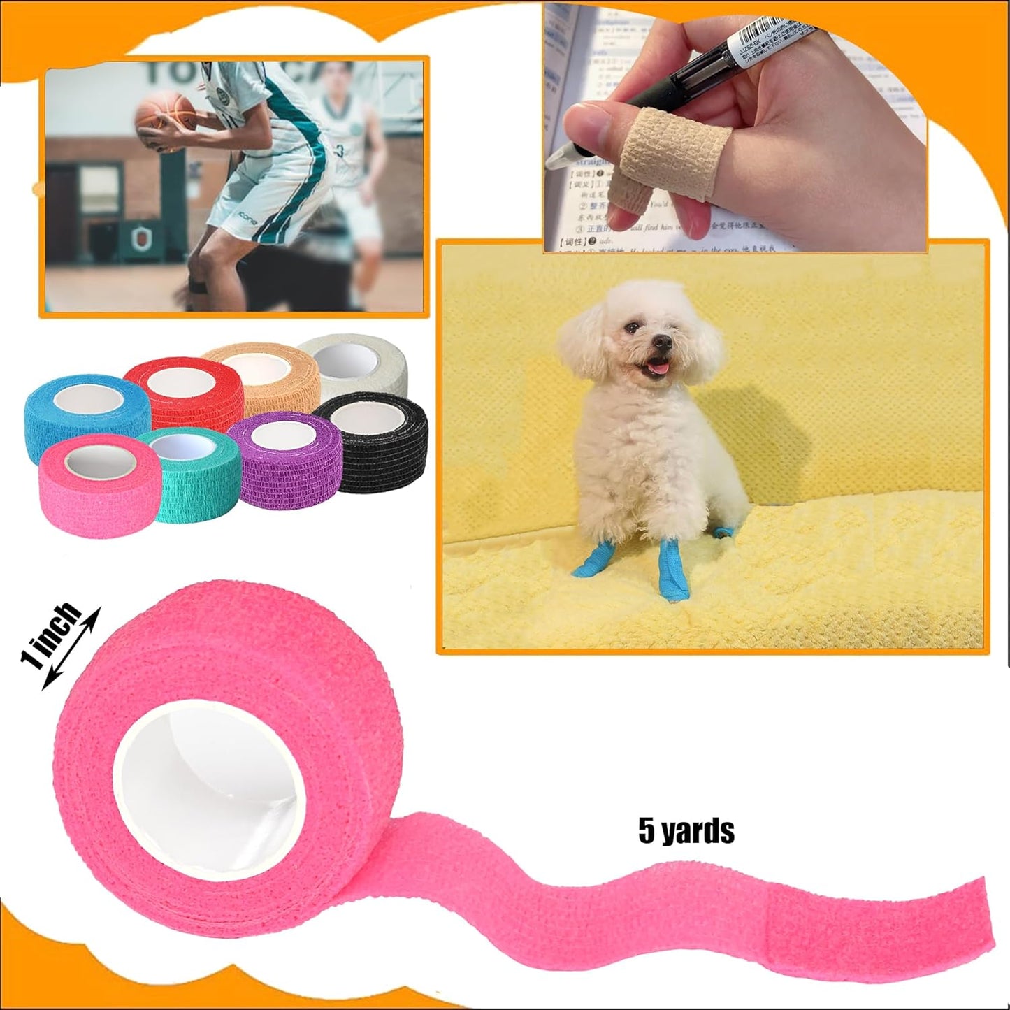 8 Pack 1 x 5 Yards Cohesive Wrap Self Adhesive Bandage Elastic Self Adherent Vet Tape for Athletic, Wrist, Ankle, Knees, Pets (Pink)