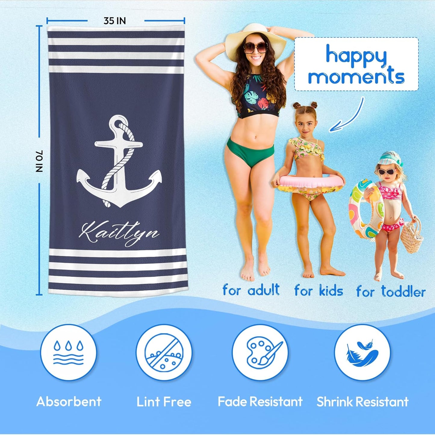 JML Personalized Beach Towel with Name, Custom Anchor Beach Towel, Customized Microfiber Pool Towel, Quick Dry & Absorbent Swim Towel for Adult,Anniversary, Birthday, Summer Holiday,Vacation