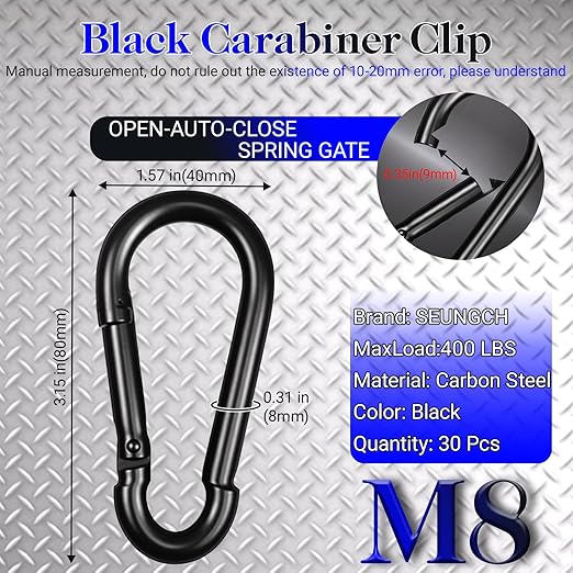 30 Pcs 3" Heavy Duty Spring Snap Hook Carabiners, M8 5/16" Galvanized Steel Black Carabiner Clip, Quick Link Keychain for Hammock Swing Set Outdoor Travel Camping Fishing Hiking