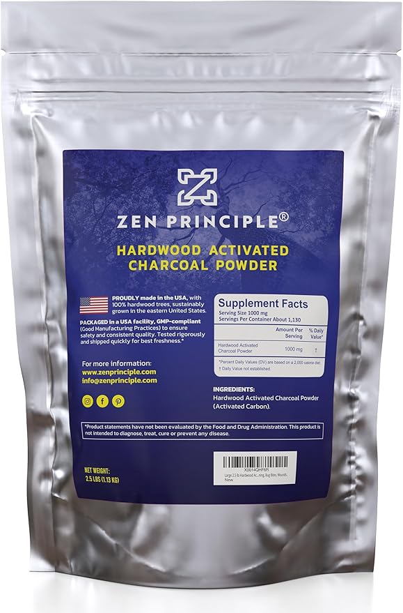 Zen Principle Hardwood Activated Charcoal Powder 100 Percent from USA Trees. All Natural. Whitens Teeth, Rejuvenates Skin and Hair, Supports Better Digestion, 40 Oz