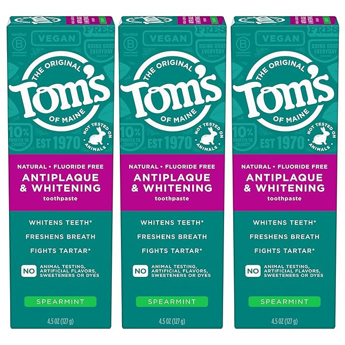Tom’s of Maine Antiplaque and Whitening Fluoride Free Toothpaste, Spearmint 3-Pack