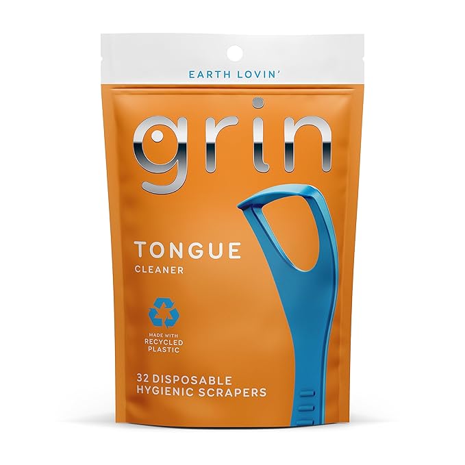 GRIN Tongue Cleaner, 32 Count, Disposable Tongue Cleaner, Hygienic Scraper, Recycled Plastic, Clean Tongue, Promote Fresh Breath, Includes Safe Fold- Back Tooth Pick (Pack of 2)