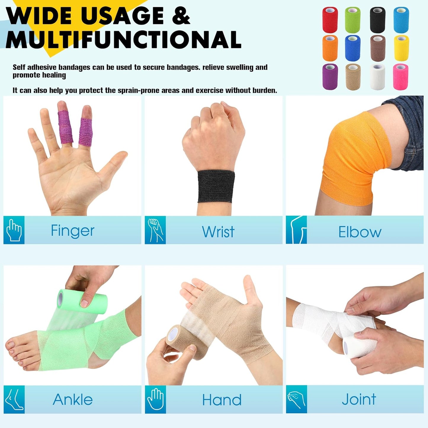 8 Pack Self Adhesive Bandage Wrap, 3 in x 5 Yards Non-Woven Self Adherent Cohesive Bandage, Vet Wrap Wound Tape for Thumb Finger Wrist Knee Ankle, Skin