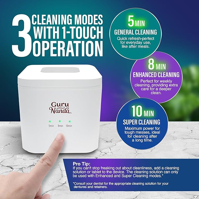 GuruNanda Retainer & Aligner Cleaning Pod for Retainers, Dentures, Mouthguards, Aligners, & Jewelry, 3 Modes, 45kHz Ultrasonic Retainer Cleaner, 190 ml capacity